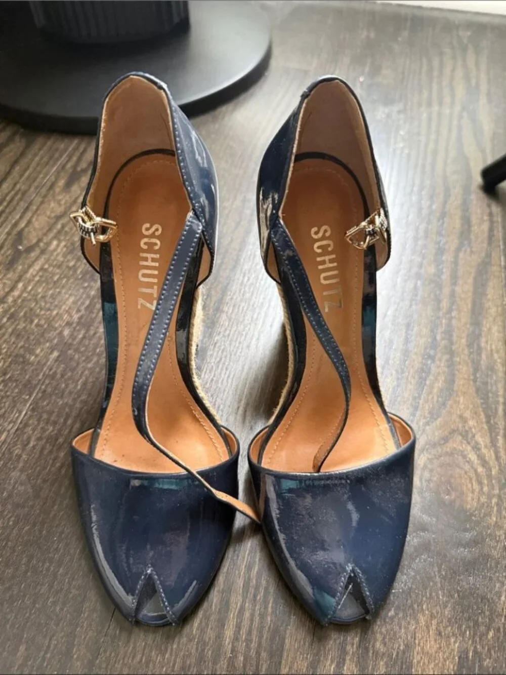Schutz Navy Patent Espadrille Wedge Sandals